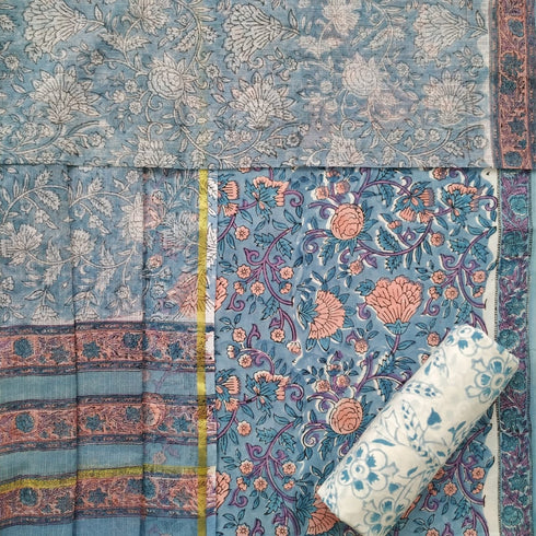 Floral Jaal Hand Block Print Cotton Suit Set with Kota Doria Dupatta (3CKD25)